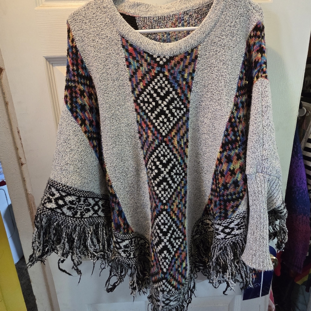 Gray Multicolor Fringe Poncho Sweater